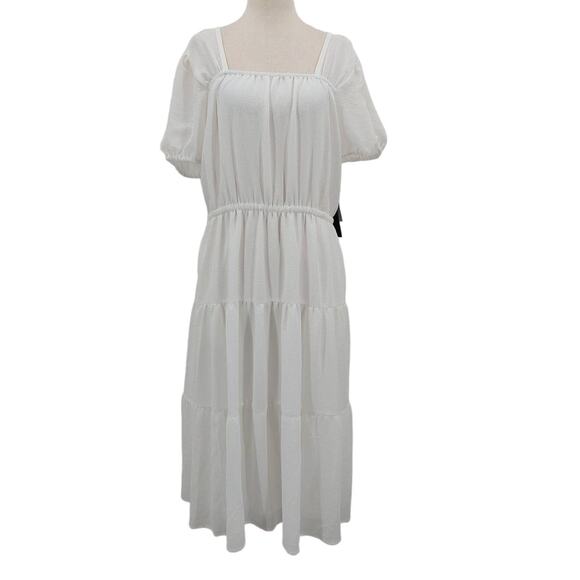 BLACK TAPE SZ M White Square Neck Puff Sleeve Tiered Midi Dress NWT B134 - Picture 2 of 10